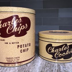 Two Charles Chips Vintage Metal Tins Storage Advertising Collectibles