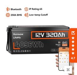 12V 320Ah LiFePO4 Lithium Battery with Bluetooth, 250A BMS,15000+Cycles 320Ah LiFePO4 Battery, IP65 & Low Temp Protection, 4096Wh Higher Energy Perfec