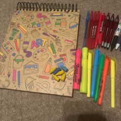 Drawing note book, pens, pencils, markers, erasers, lead holders, pencil bag, and highlighters 