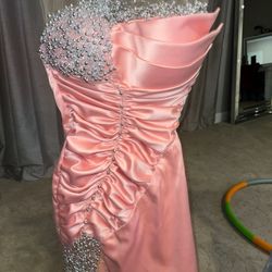 Peony (pink) mini dress with bead design and mesh,Customizable string