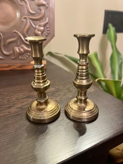 Early Antique Pair Of Brass Small Candlesticks Beehive Victorian Sand Cast
