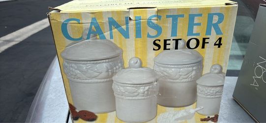 White Ceramic Fruit Embossed Kitchen Canister Set of 4 – With Lids
