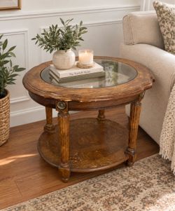 Vintage Round Wood Glass Top End Table Side Table Accent Table Traditional Ornate Furniture
