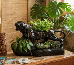 MCM Black Panther Ceramic Planter 15" Figurine Gold Stripe Rhinestone