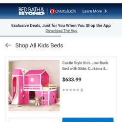 Original price $633.99. Castle Style Kids Low Bunk Bed with Slide, Curtains & Tower, Floor Bunk Bed Frame with Slide - Full  Size