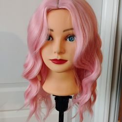 Pink Wig Wavy Curly Light Pink Bob Wigs Middle Part 14 Inch Shoulder Length Heat Resistant Synthetic Colorful Wig