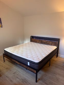 Mattress and Metal and Wood Bed Frame with LED Headboard
