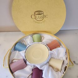 Espresso porcelain set of 6 colorful cups and matching saucers $20