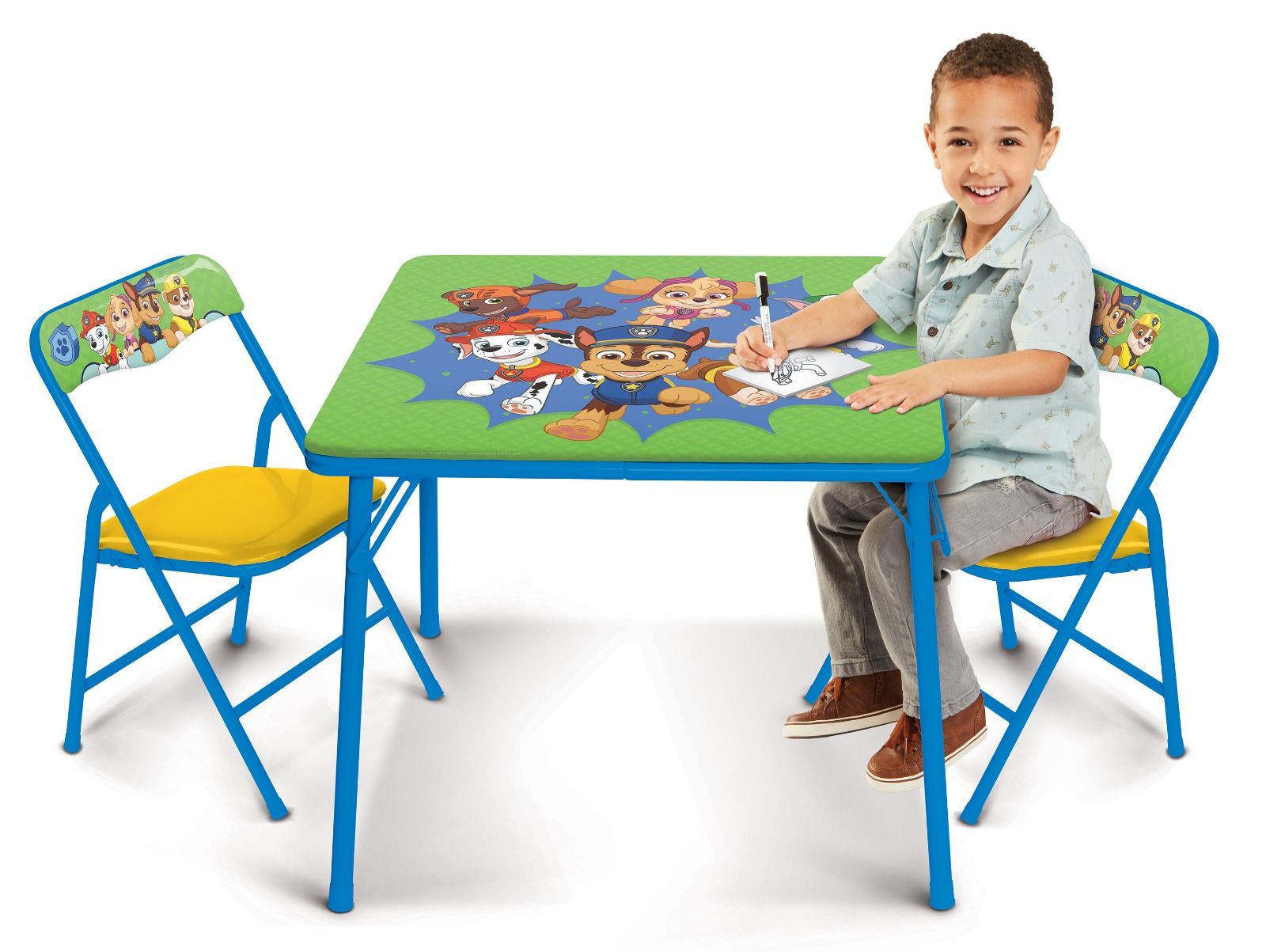 Paw Patrol Kids Erasable Activity Table Includes 2 Chairs with Safety Lock, Non Skid Rubber Feet & Padded Seats (Green/Yellow)