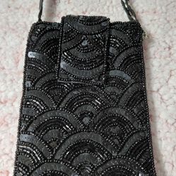 Cash Only Black Beaded Evening Phone Bag 