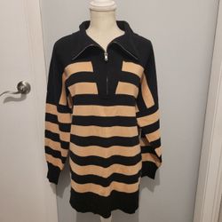 Pink Lily Women's Black & Yellow Print Long Sleeve Sweater Size L Zipper Neck