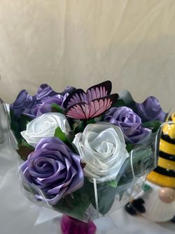 Half‑Dozen Handmade Ribbon Rose Bouquet – White & Lavender