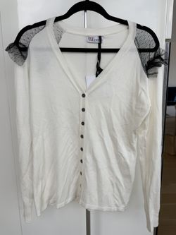 RED Valentino Ivory Virgin Wool Cardigan Size 40 Black Tulle Shoulder Ruffle Tags