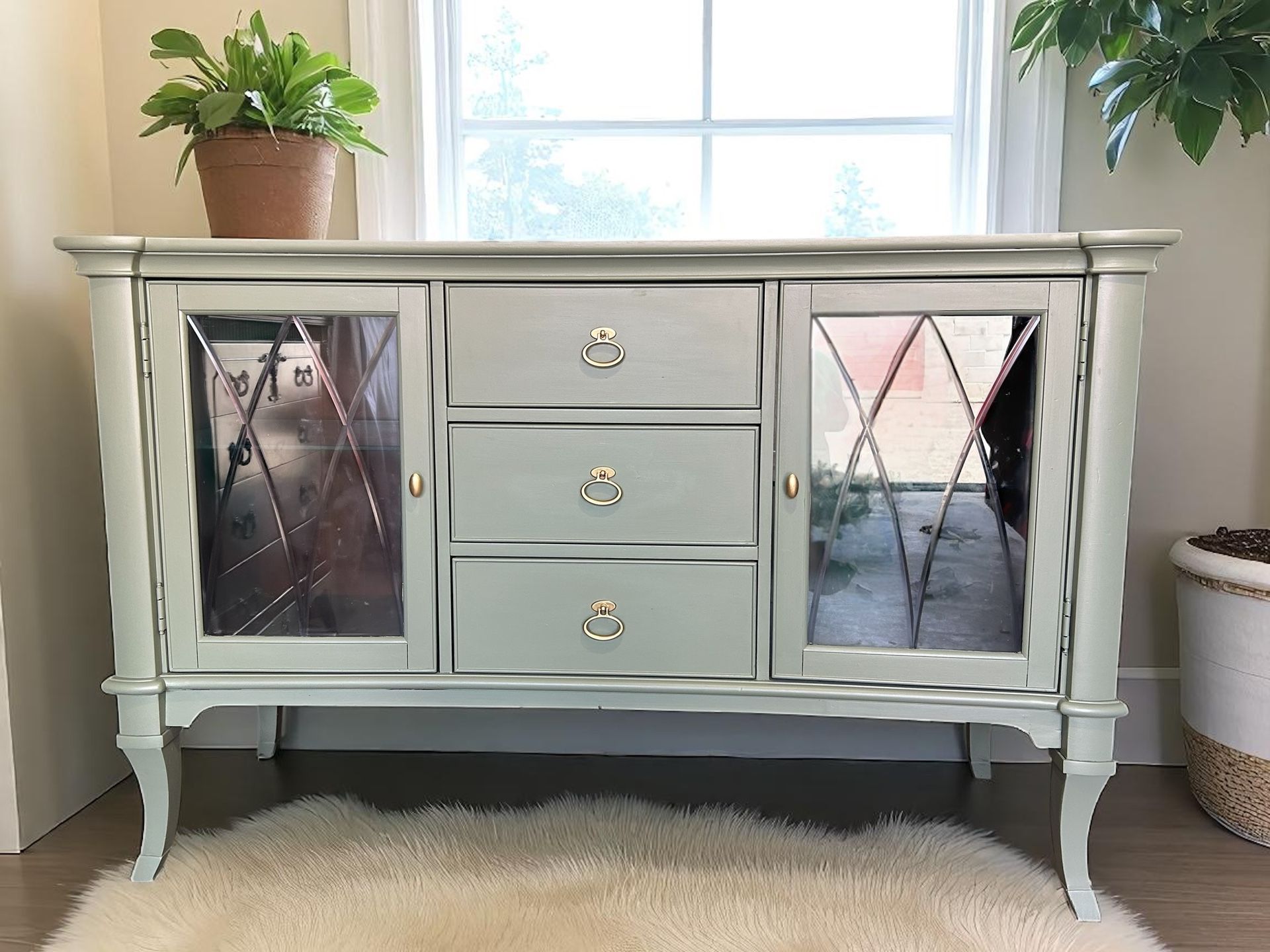 Refinished buffet table with drawers and shelves