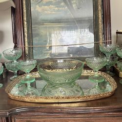 Vintage Depression Glass Glow Green Set Of 10 Sherbet Glasses And One Serving Bowl