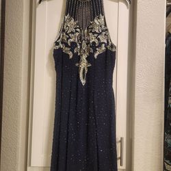 Gorgeous Vintage Sequin & Beaded Prom Dress Gown Navy Silver quinceañera