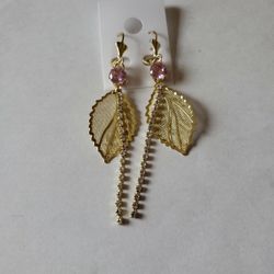 Pink Stone And Diamonds Leaves Earrings 