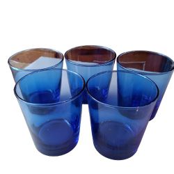 Vintage Cobalt Blue Drinking glass Set of 5. Dimensions Tall 4" Wide 3.5". Oz 14.
