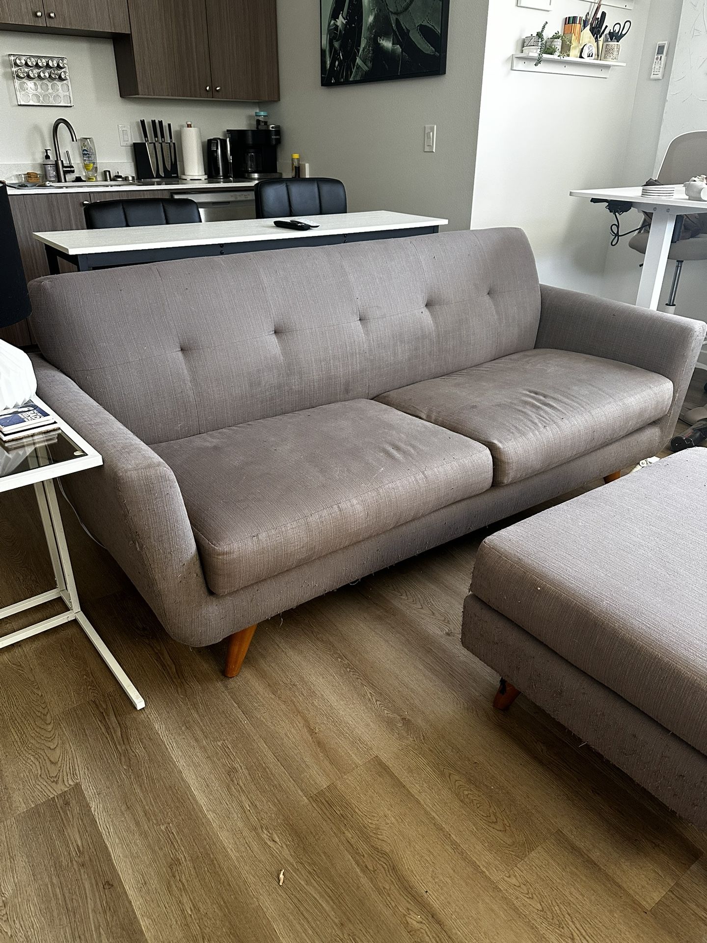 Mid-century Modern Gray Couch And Ottoman