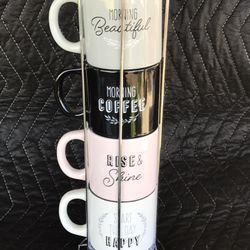 NEW SET of 4 Morning Ceramic Stacking mugs in Stand