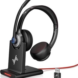 Wireless Headset with AI Noise Cancelling Microphone Bluetooth Headset - Bluetooth V5.2 Headphones with USB Dongle, Charging Base & Mic Mute for Compu