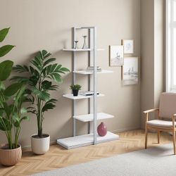 60in Laminate+Metal 5-Tier Etagere Bookshelf with Zig-Zag Design, Display Rack with Open Concept & Modern Industrial Style - White