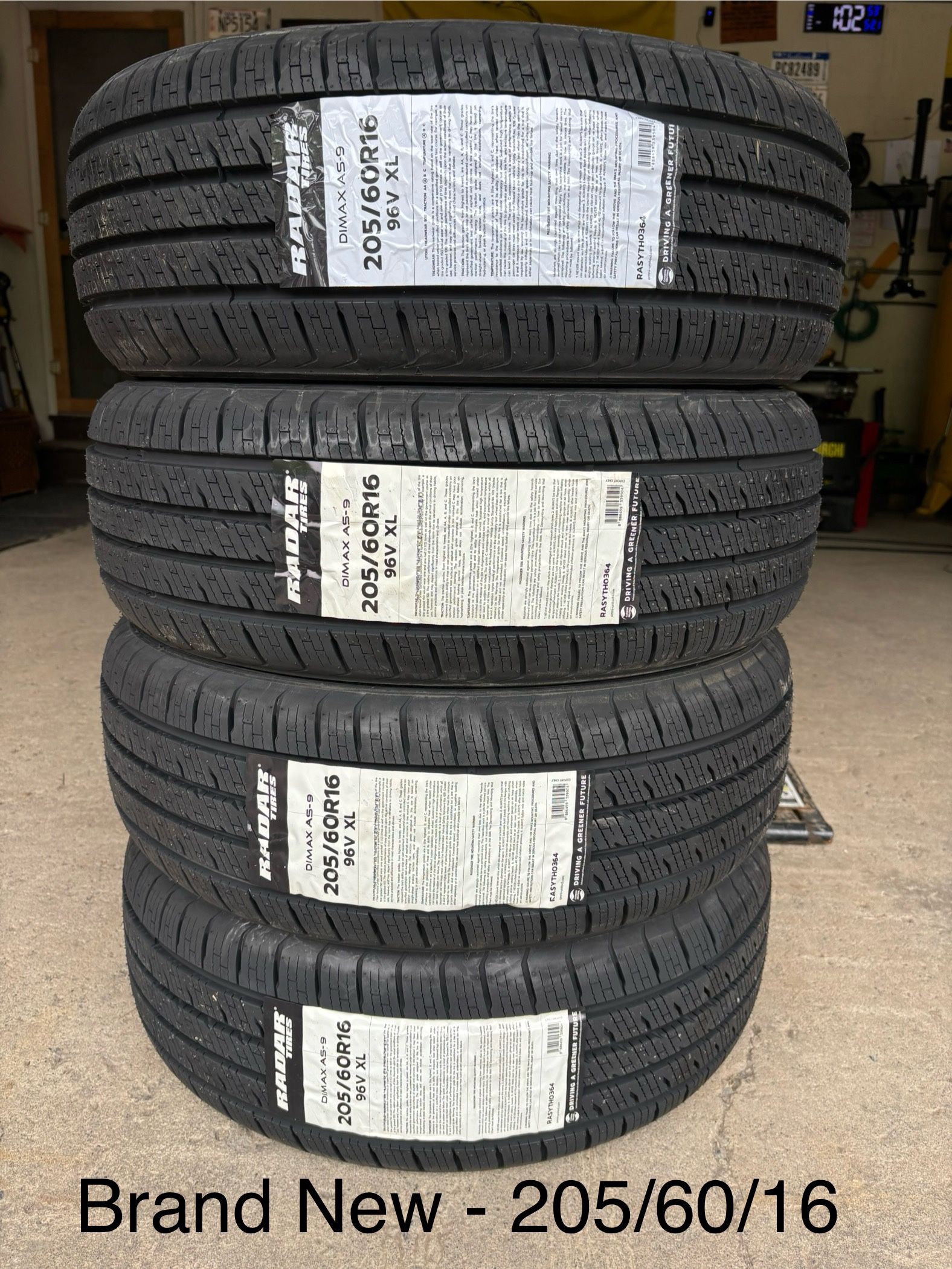 (4) - 205/60/16 Radar Dimax AS-9 Tires