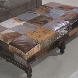 Honquest Huge Wide Brown Leather Croc Print Animal Fur Hassock Rustic Style