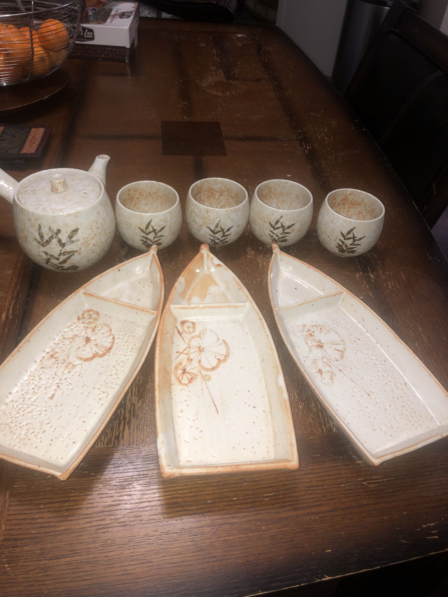 Beautiful Ceramic Japanese Tea & Sushi Set - 8 PC Set - Sushi Boats - Tea Pot - Floral Rustic Design - Retail $150- Like New- YES, THIS IS AVAILABLE 