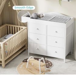 NEW - Changing Table Dresser with 6 Fabric Drawers, Baby Dresser with Changing Table Top Diaper Changing Station with Storage for Nursery Modern