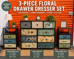3-Piece Floral Fabric Drawer Storage Dresser Set – Lightweight Bedroom Furniture