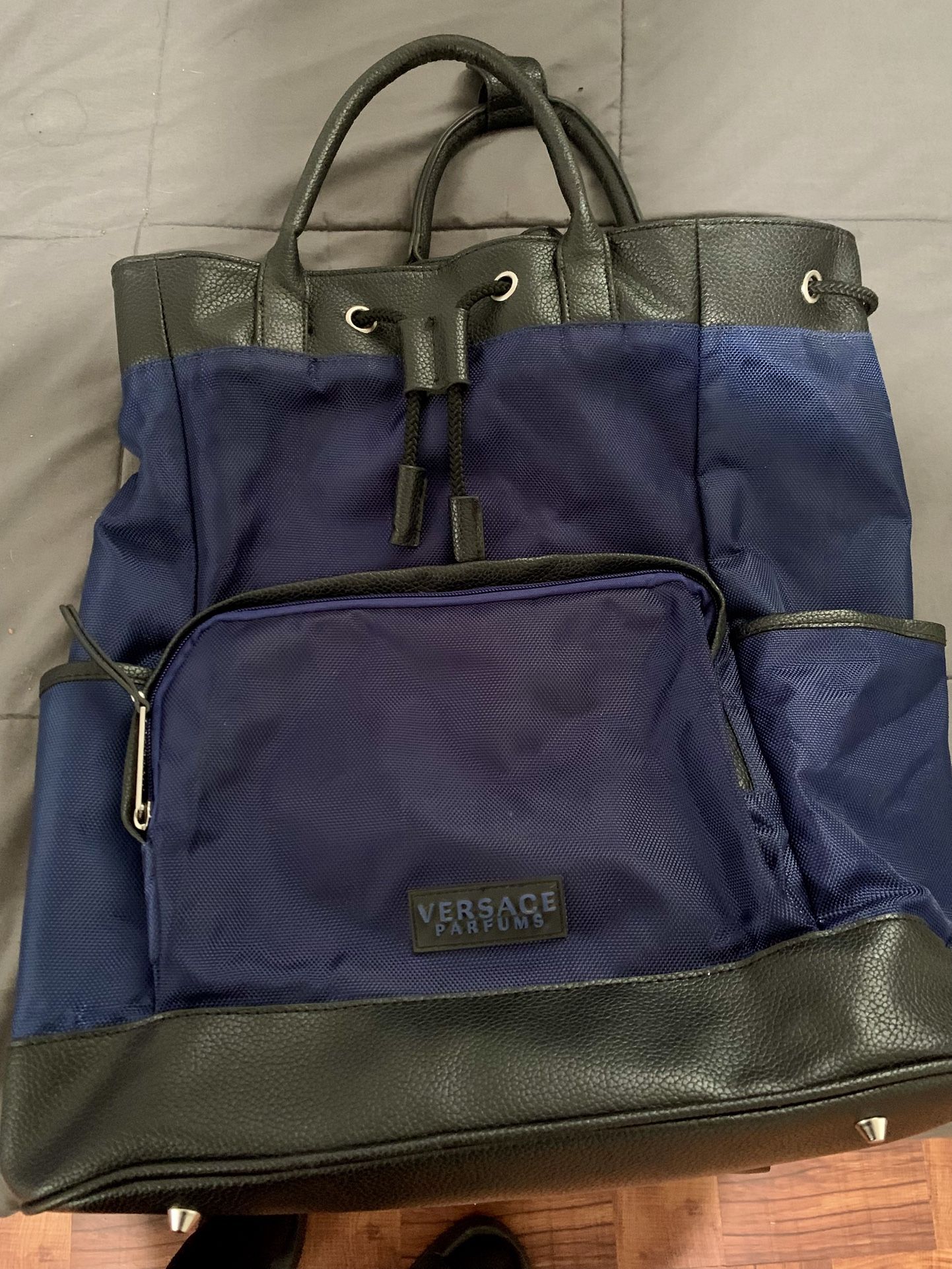 Versace Blue Leather-Trimmed Backpack