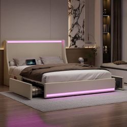 Upholstered Bed Full Platform Bed Frame with Headboard, Underbed Storage Drawers, RGB Lights and Charging Station, Beige Brand new, still in the box ?
