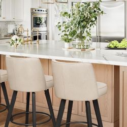LUE BONA 360-degree Swivel Bar Stools Set of 2, 26" Counter Height Bar Stools with High Back and Wood Legs, Morden Faux Leather Upholstered Barstools,