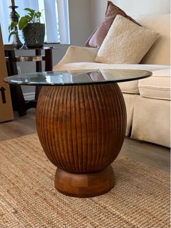 Round Glass Top Side Table with Wood Base