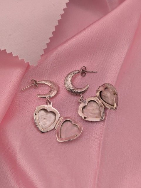 Sterling Silver 925  Etched Moon & Heart Locket Earrings 