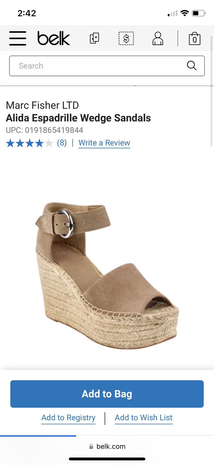 Marc Fisher Alida Leather Espadrille Wedge Sandals in Tan size 6.5 silver buckle