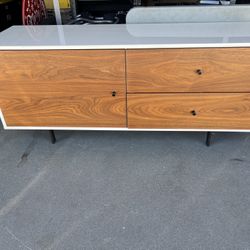 Mid-Century Modern Entertainment Console – Sleek Walnut + White | Hidden Storage