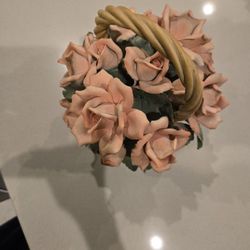 Vintage CAPODIMONTE Porcelain Flowers In Basket Made In Italy