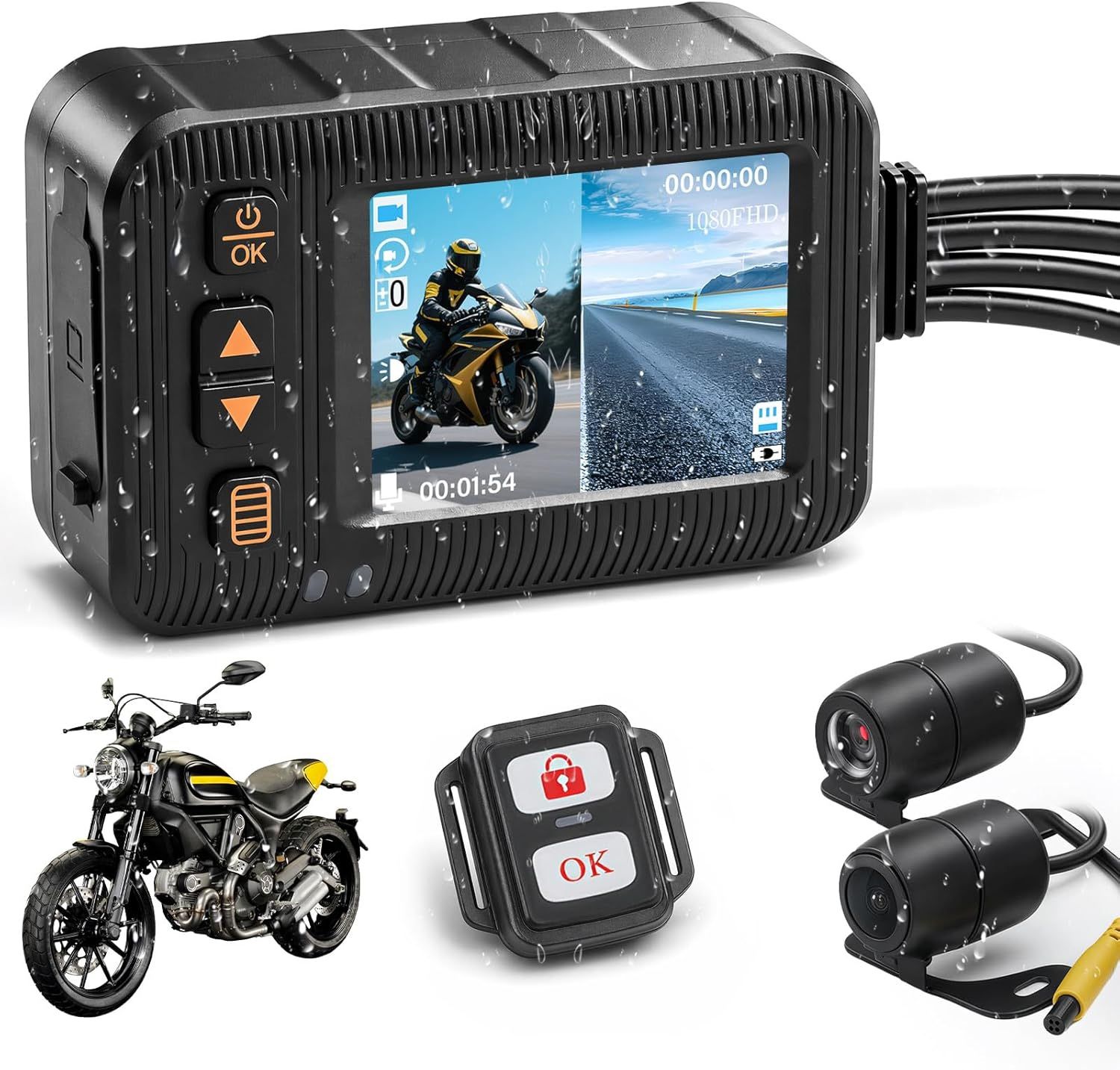 2" HD IPS Screen,1080P Front and 720P Rear, HDR+IP67 Waterpoorf Dual Channel Dash Cam