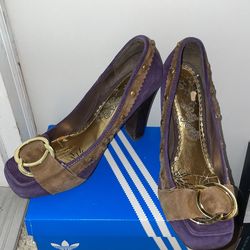 6.5 Women Purple Shoes/ Heels With Gold Accessories And Brown Lining