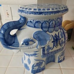 14in Tall White And Blue Bombay Company Ceramic Lucky Trunk Up Elephant Plant Stand Decor