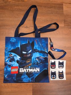 SDCC Exclusive 2026 LEGO Batman Legacy Of The Dark Knight Tote Bag, Lanyard, and Stickers
