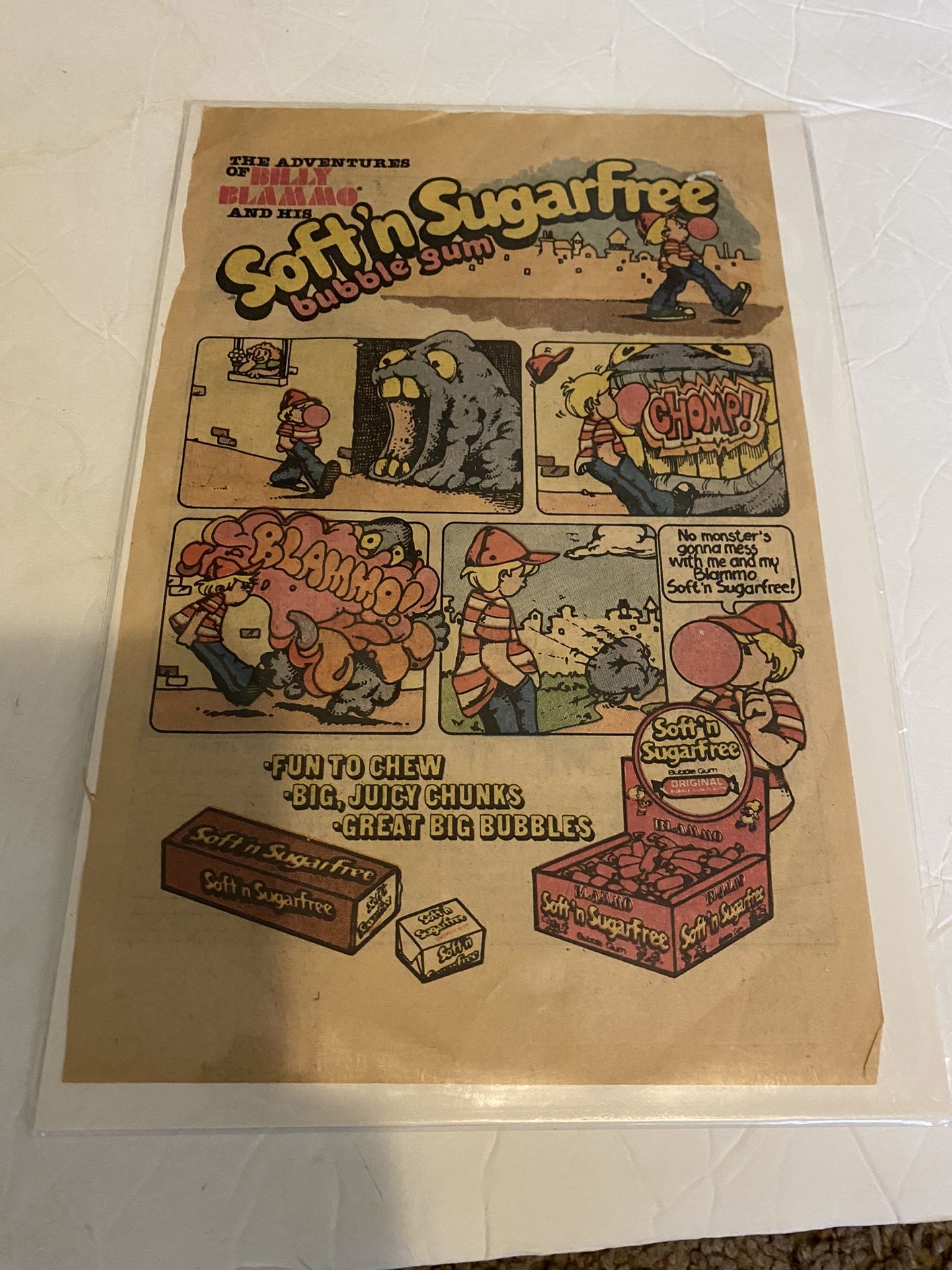 The Adventures Billy Blammo Soft’n Sugarfree Bubble Gum Comic Advertisement 