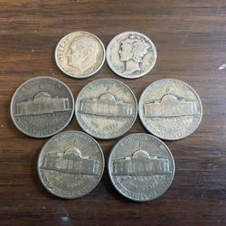 Lot of 5 silver war nickels, 1 mercury dime, 1 Roosevelt dime (1964).  mint marks P & D on war nickels.