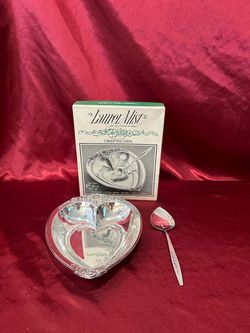 Vintage International Deep Silver Laurel Mist Heart Dish Spoon Set NIB