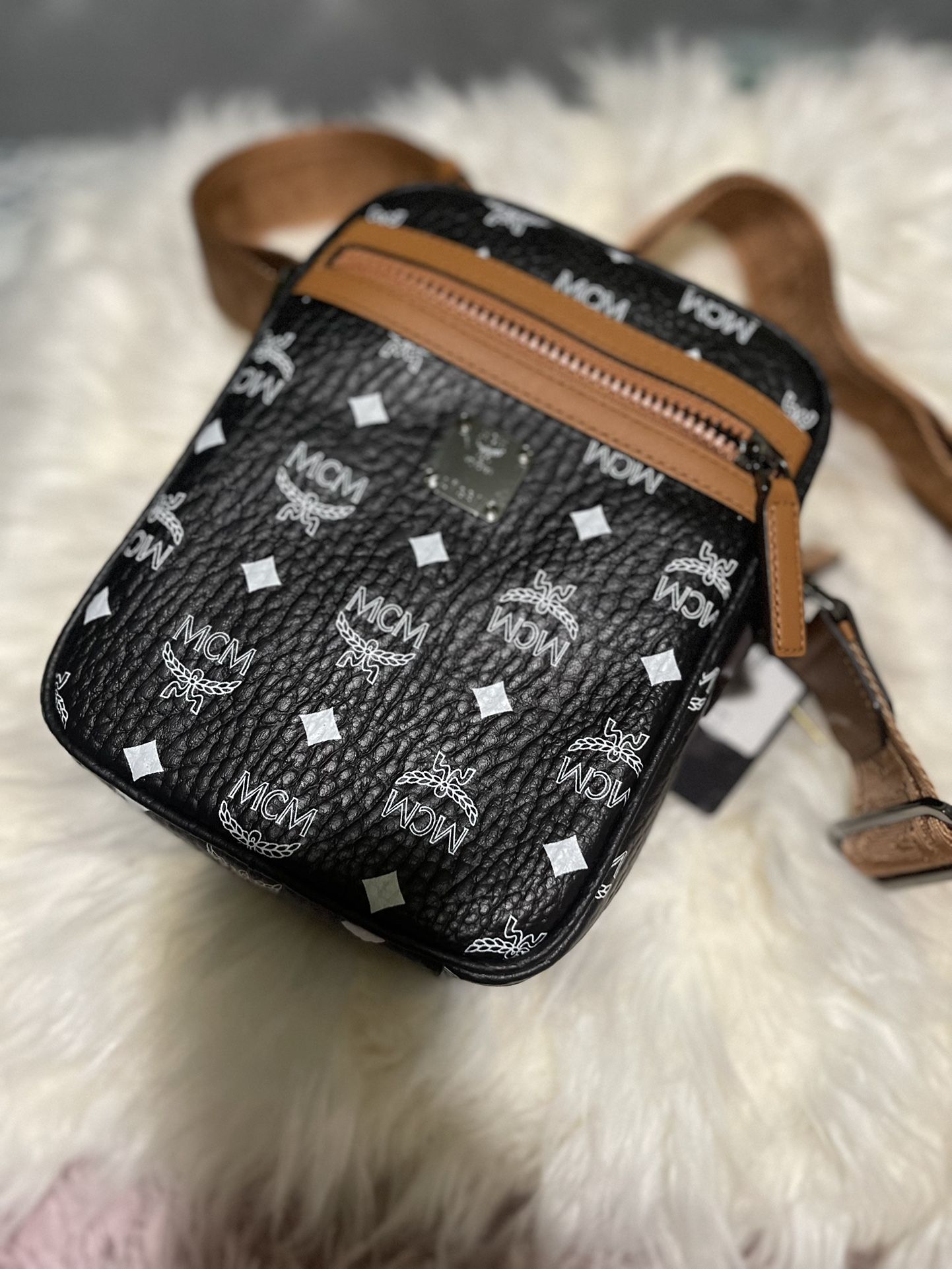 MCM Visetos Camera Crossbody Bag Black Cognac
