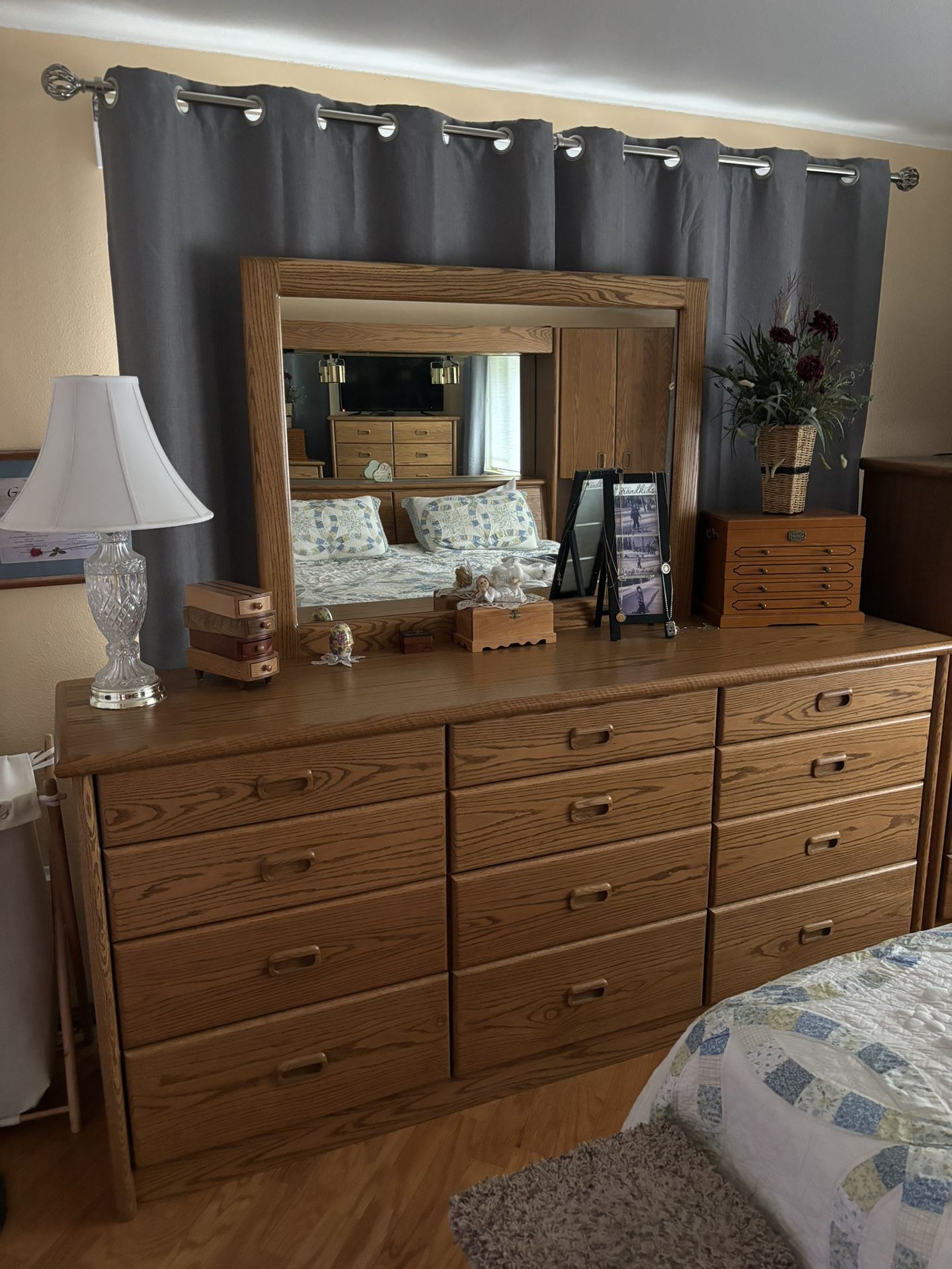 Oak Bedroom Set. Dresser With 12 Drawers and Mirror. Tall Dresser With 12 Dressers