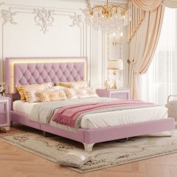 Odette Queen Size Velvet Platform Bed Frame with LED Lights and Tufted Headboard