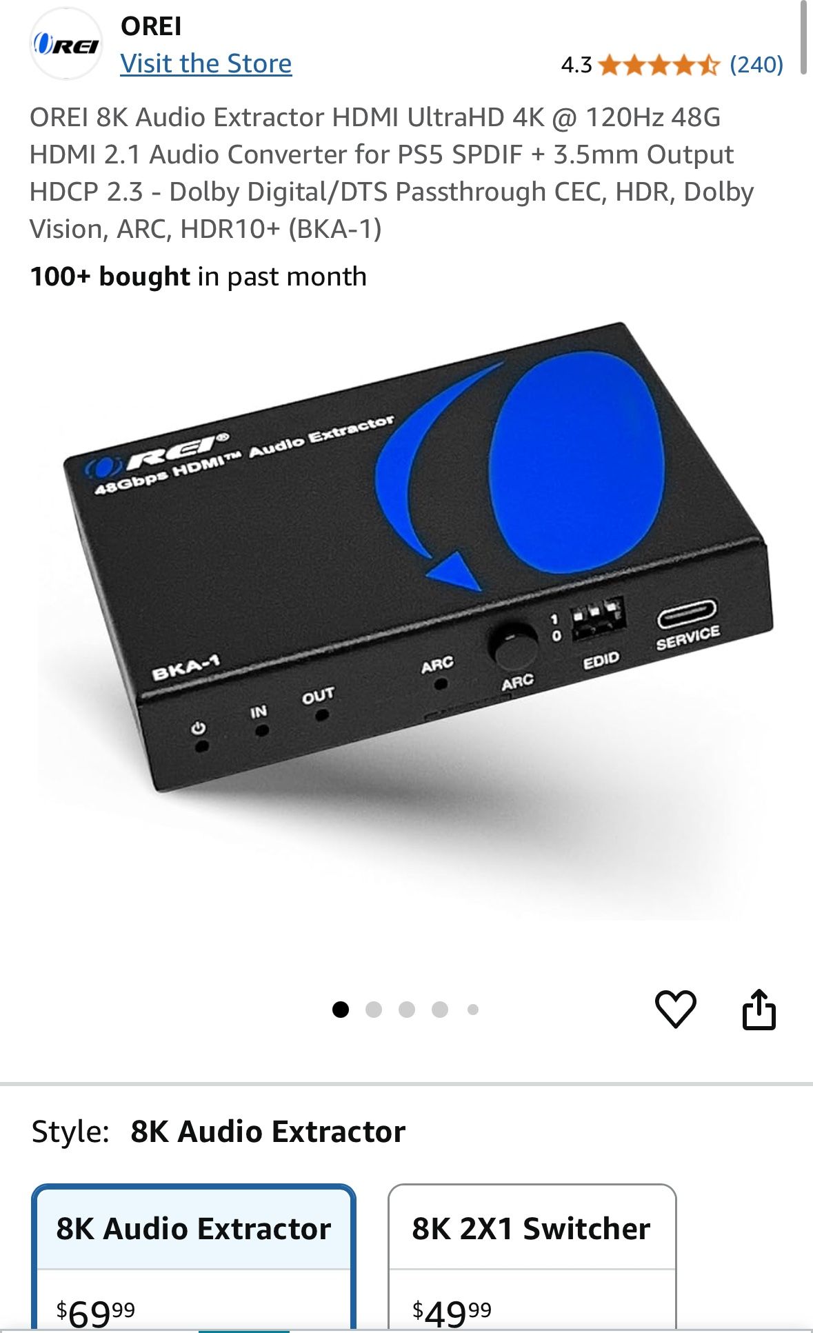 OREI 8K Audio Extractor HDMI UltraHD 4K @ 120Hz 48G HDMI 2.1 Audio Converter for PS5 SPDIF + 3.5mm Output